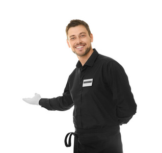 背景上的白色手套的男子白色背景上有铃铛的人服务员用毛巾在手臂英俊