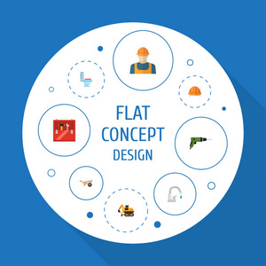集工业图标平面风格符号与水龙头, 独轮车, 建设者和其他图标为您的 web 移动应用标志设计
