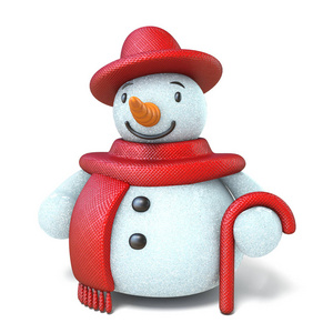 雪人红色帽子, 围巾和棍子3d