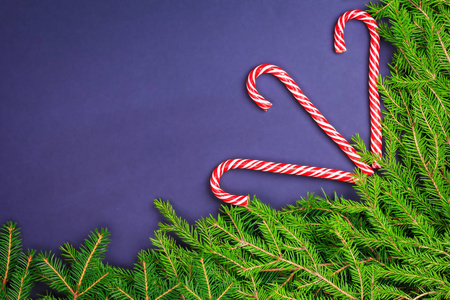 蓝色背景上的绿色新鲜冷杉的枝条和装饰品，在糖果和糖果手杖框架的形式的俯视图。圣诞节，新的一年。Copyspace