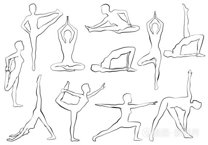 yaga 体式, 妇女做瑜伽或普拉提运动, 放松和冥想插画-正版商用图片02