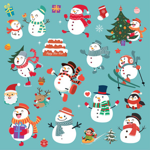 复古圣诞海报设计与矢量圣诞老人, 雪人, 驯鹿字符