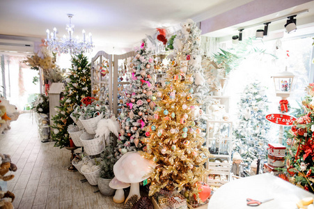 商店与圣诞树, 玩具, 花环和其他装饰