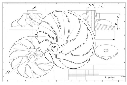 3d 工程图纸上涡轮叶轮示意图照片