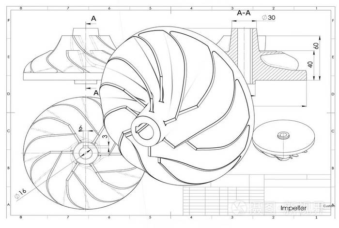 3d工程图纸上涡轮叶轮示意图