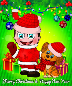 动画片圣诞男孩和狗与礼物箱子在绿色背景