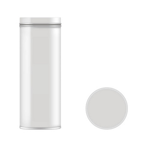 用圆形金属锡罐作礼物的模拟。在白色背景上隔离的向量