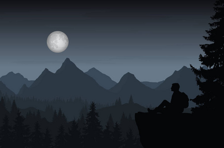矢量图的山景观与森林和与月亮在满月和云坐在蓝灰色的夜空下