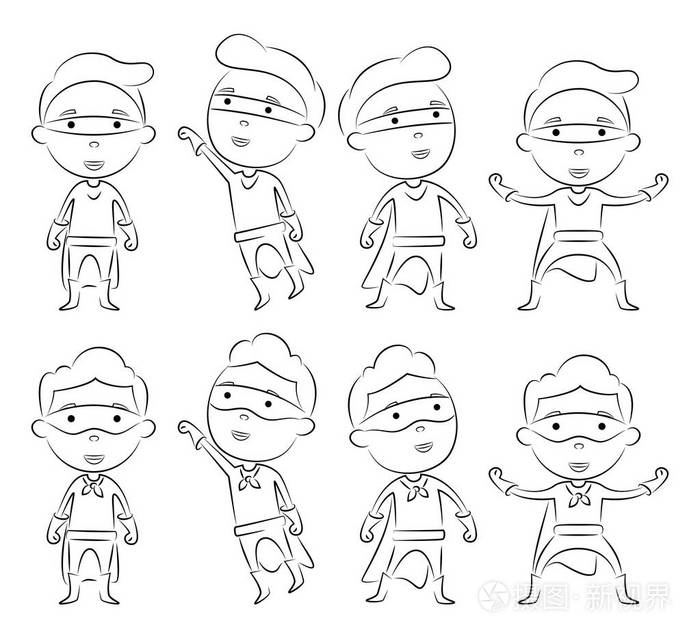 一套超级英雄卡通人物轮廓在不同的姿势