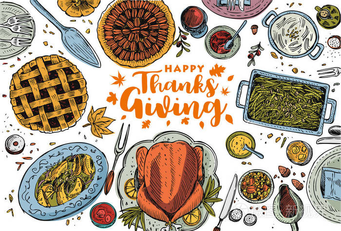手绘感恩节晚餐, 矢量插画