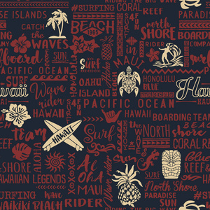 经典冲浪夏威夷群岛壁纸, 织物包装封面或背景的矢量无缝模式