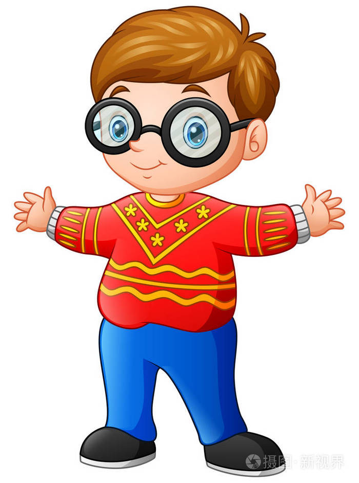 矢量插画快乐男孩卡通穿着红色圣诞毛衣