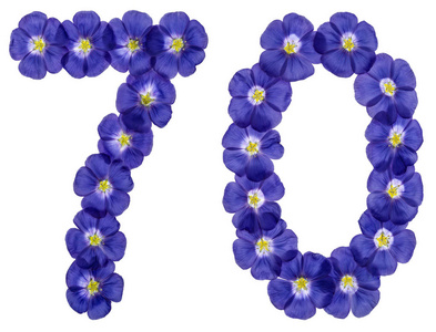 阿拉伯数字 70, 七十, 从亚麻蓝色的花, 孤立照片