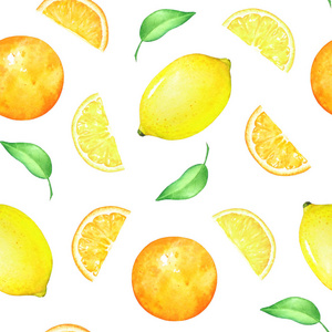 白色背景的柠檬橙果绿叶水彩无缝图案