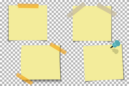设置办公室黄纸便笺带粘胶带, 在透明背景上隔离。项目的模板。矢量插图