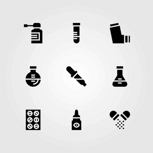 医学矢量图标设置。烧瓶眼药水和吸入器