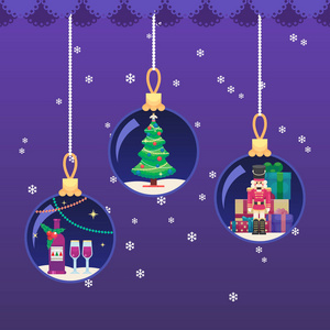 矢量彩色插画在平淡的圣诞新年球。香槟和眼镜圣诞树玩具胡桃夹子和礼物