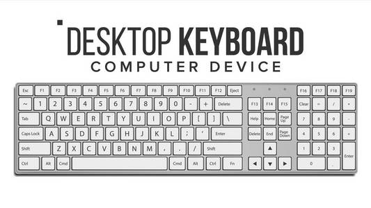 桌面键盘矢量。顶部视图。现代设备。Qwerty 字母表。在白色插图上隔离