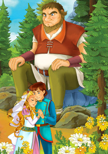 卡通场景与一些美丽的已婚夫妇在森林和巨人坐在岩石插图儿童
