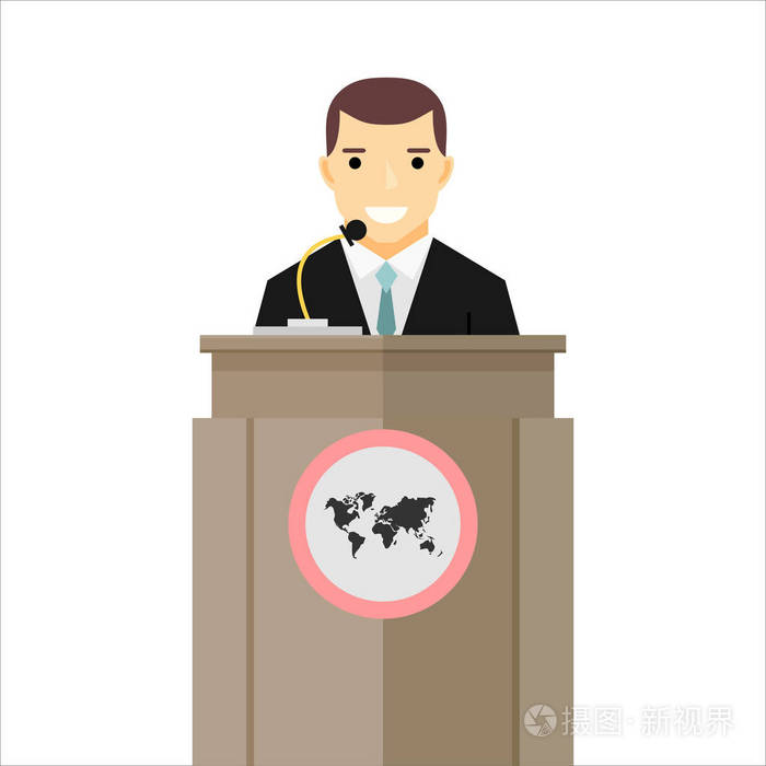 插画 演讲者在讲台上.站在讲台上的男子.重要事件, 商务会议概念.