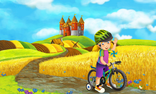 卡通场面与愉快的女孩, 有乐趣和骑自行车, 城堡在背景, 五颜六色的例证为孩子