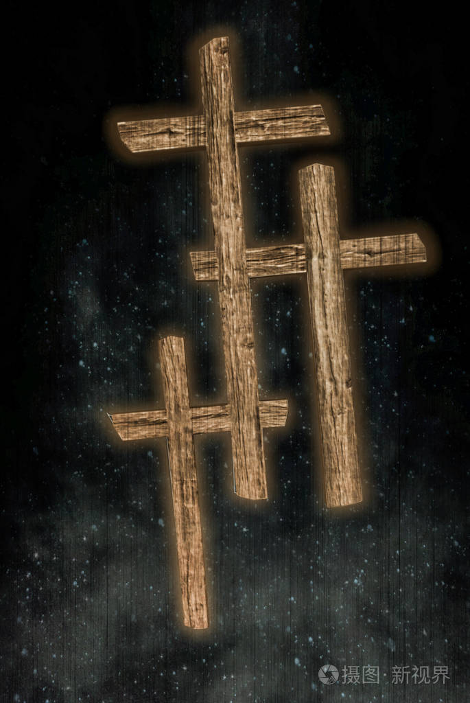 3d 黑暗天空中木十字架的插图