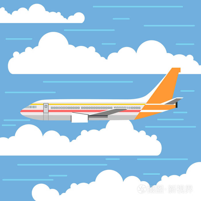 飞机在空中飞行.侧面视图.客机.白色飞机平面矢量横幅