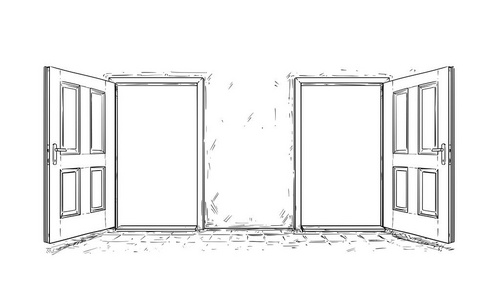 两个开放式木质决策门的卡通矢量
