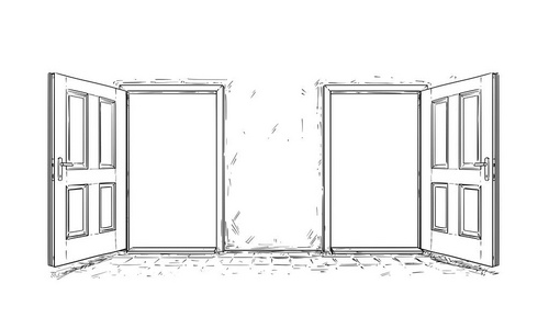 两个开放式木质决策门的卡通矢量照片