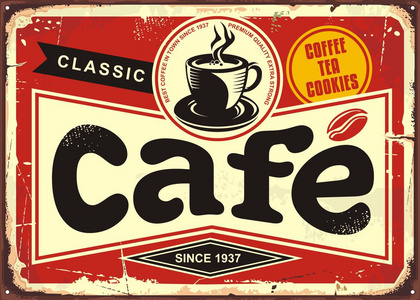咖啡厅酒吧复古锡标志。老式咖啡店招牌与咖啡杯红色背景