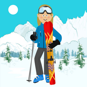 年轻的活跃妇女在山上滑雪。在瑞士阿尔卑斯山享受阳光冬日的女性滑雪者