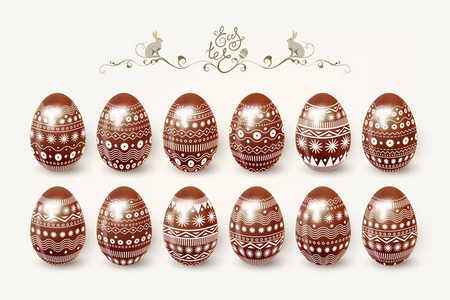 复活节快乐, 优雅的节日设计, 巧克力复活节彩蛋, 现实, 设置, 装饰点缀, 兔子, 刻字, 矢量