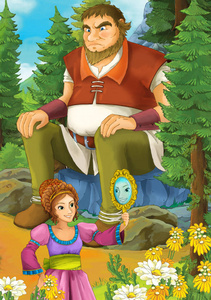 卡通场景与一些美丽的女孩在森林中寻找在镜子和巨人坐在岩石儿童插画