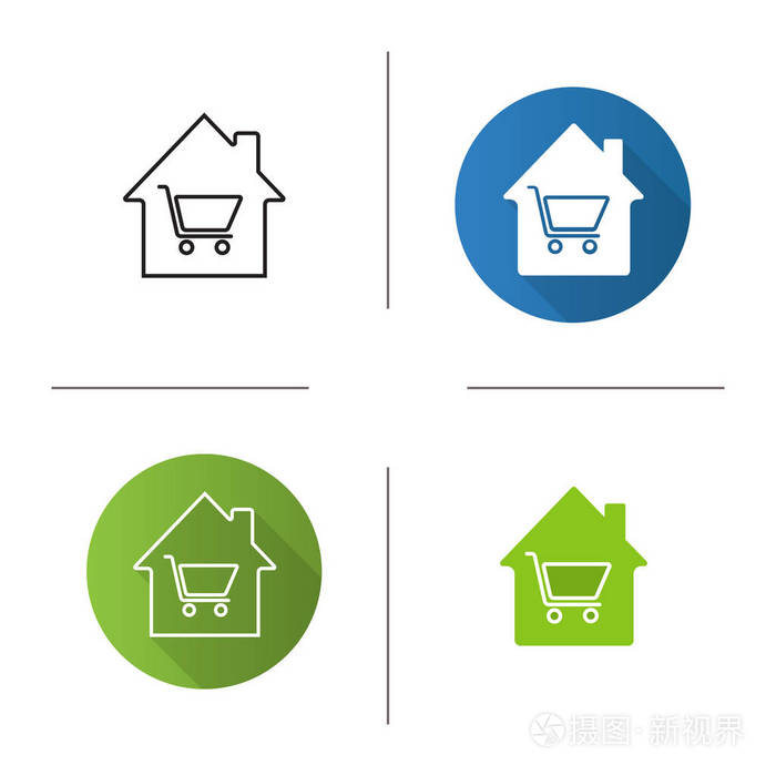 家居用品店图标.平面设计, 线性和字形颜色样式.房子里面有购物车.