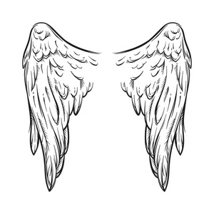 闪存的纹身天使的翅膀上白色背景手绘矢量插画孤立.