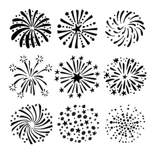 手绘烟花和 sunbursts 的集。孤立的黑色白色矢量对象图标