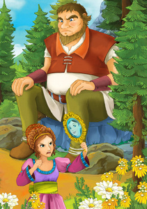 卡通场景与一些美丽的女孩在森林中寻找在镜子和巨人坐在岩石儿童插画