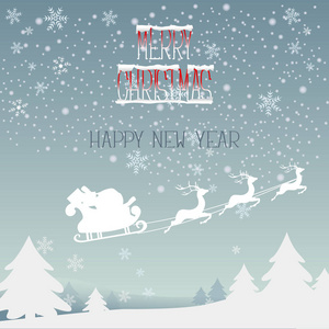 圣诞老人和驯鹿在天空。快乐的圣诞和新年是冰字母与雪帽