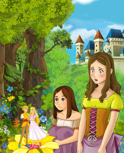 卡通场景与两个女孩观看婚礼夫妇的 elf插图为儿童