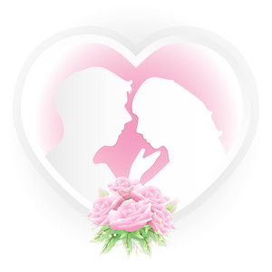情侣在心脏框架与粉红色的玫瑰花束纸艺术风格