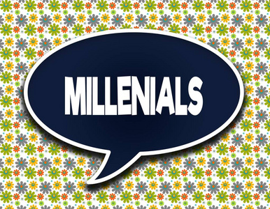 深蓝色字气球, 带有 Millenials 的文本消息。背景花卉壁纸