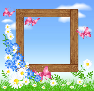 带花和蝴蝶的木制相框
