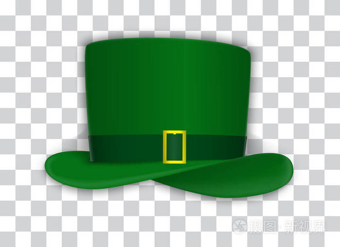 自然主义绿色喜庆的帽子与金色的纱在透明的背景.矢量插图