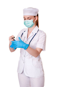 女医生在呼吸器戴上橡胶医用蓝色手套, 在白色隔离