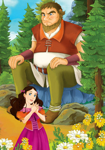 卡通场景与一些美丽的女孩在森林和巨人坐在岩石上的儿童插画
