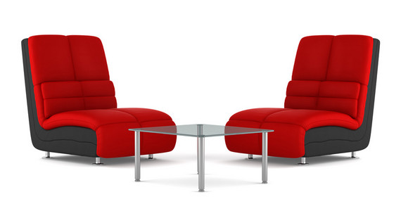 两张黑色和红色现代皮革扶手椅，桌子与o隔离