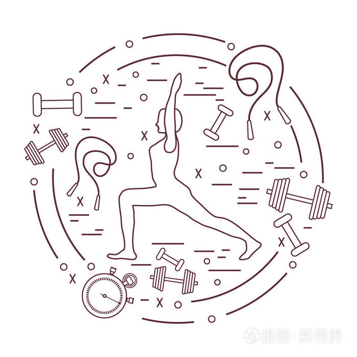 插图的女人瑜伽姿势和不同体育器材插画-正版商用图片02kfh1-摄图新