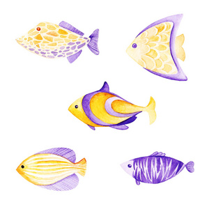 水彩鱼套装。紫外线和金色的颜色。儿童设计, 打印或背景