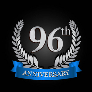 第九十六周年纪念标志用蓝色丝带和月桂树花圈, 向量模板为生日庆祝