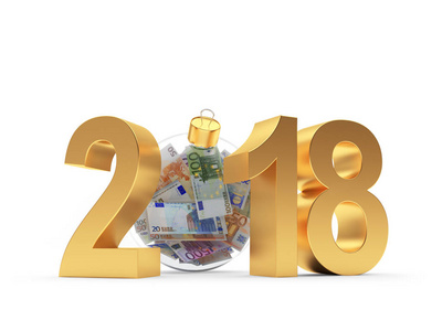 黄金2018新年与玻璃圣诞球充满欧元法案